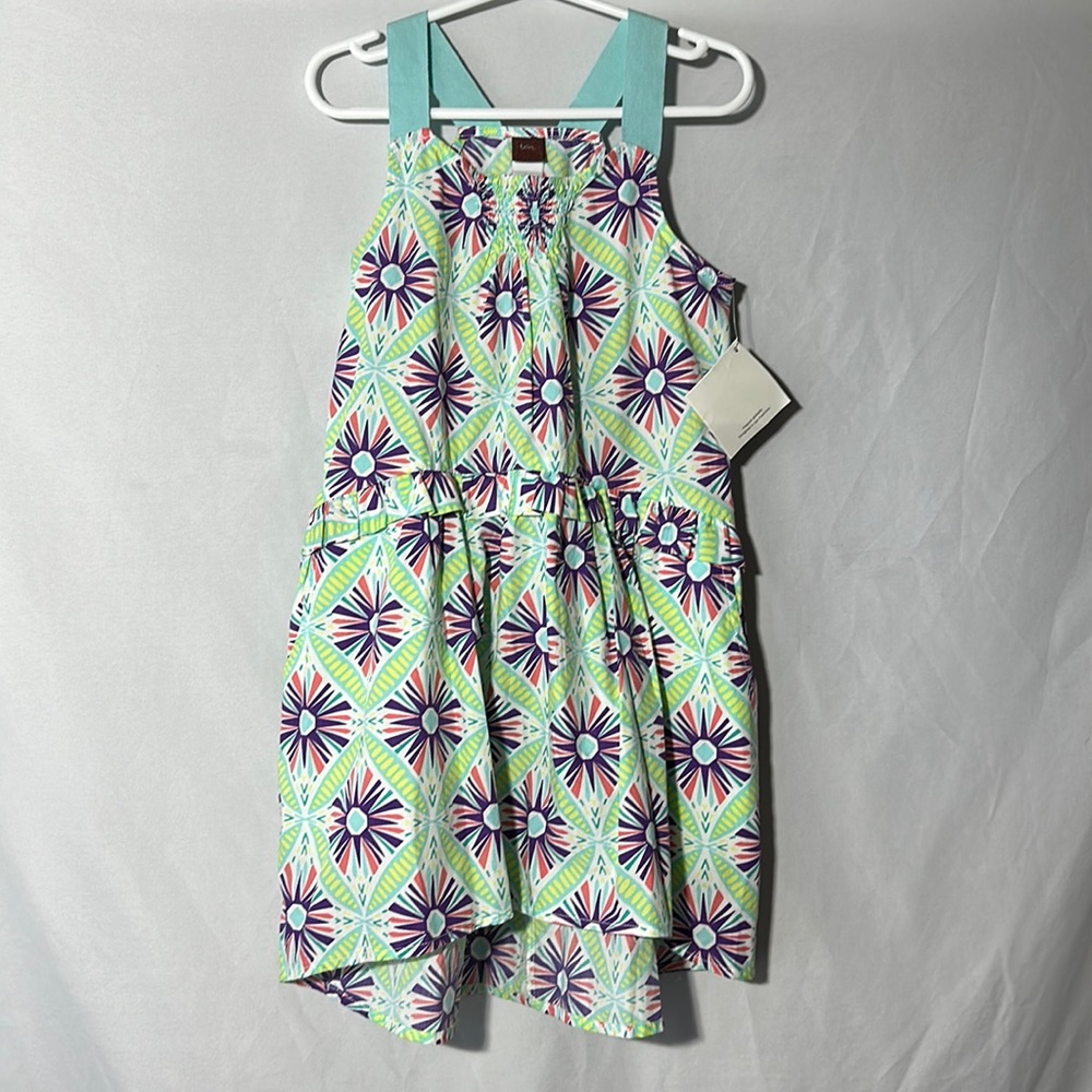Tea collection girls 5 green geometric racer back pockets dress new with tags